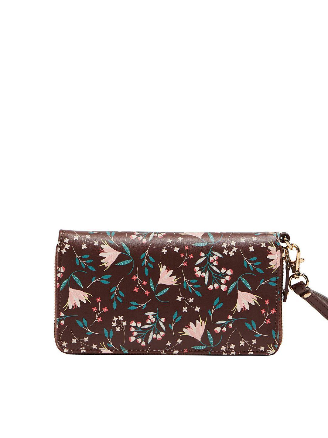 chumbak women brown floral printed pu two fold wallet