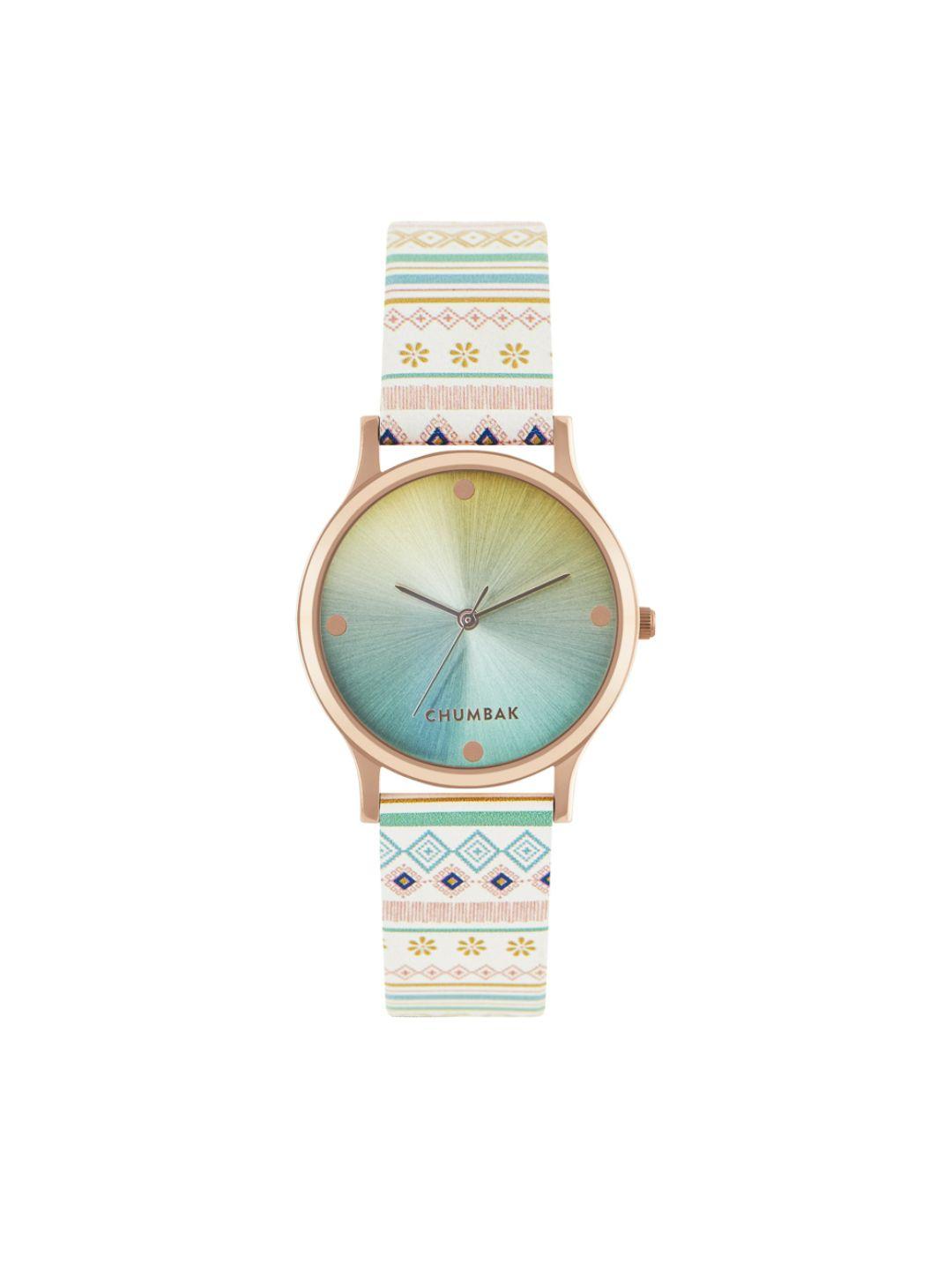 chumbak women green brass dial & white straps analogue watch