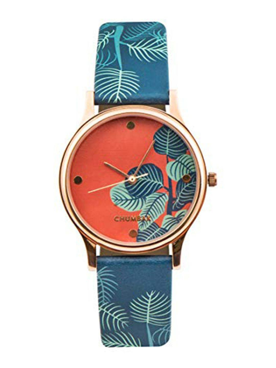 chumbak women orange brass printed dial & blue leather straps analogue watch