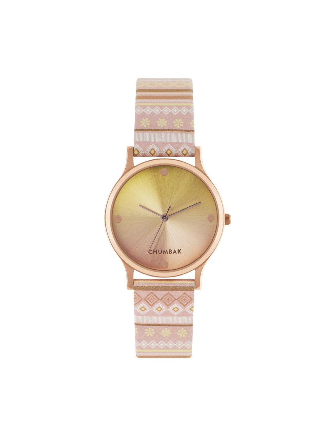 chumbak women peach-coloured brass dial & multicoloured straps analogue watch