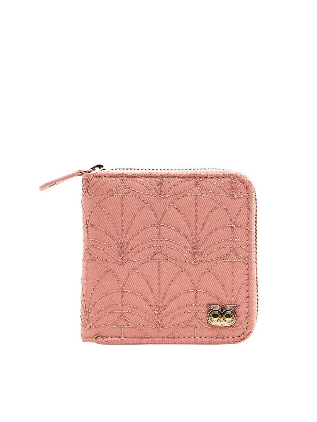 chumbak women pink & gold-toned floral textured pu zip around wallet