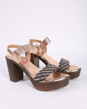 chunky heeled sandals with basket-weave strap