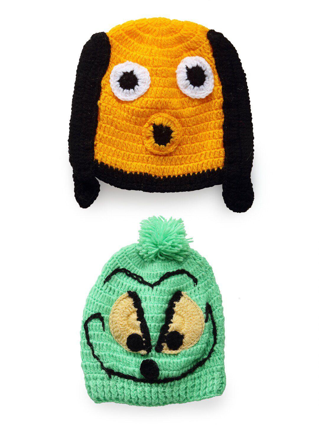 chutput kids 2 green & orange woolen beanie caps