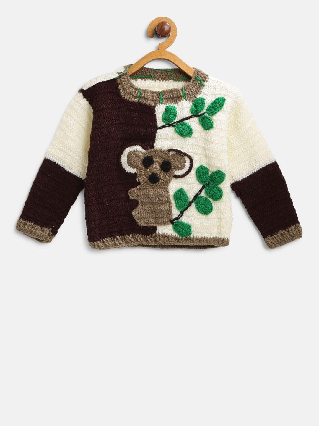 chutput kids off-white & coffee brown woollen colourblocked sweater