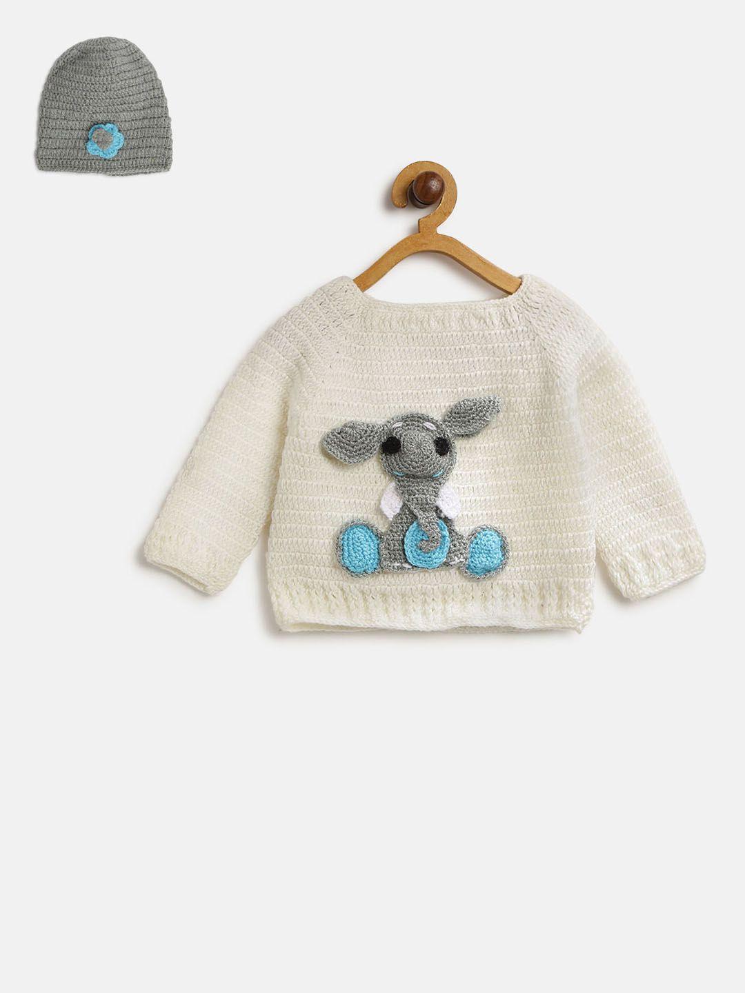 chutput kids off-white & grey applique pullover with beanie