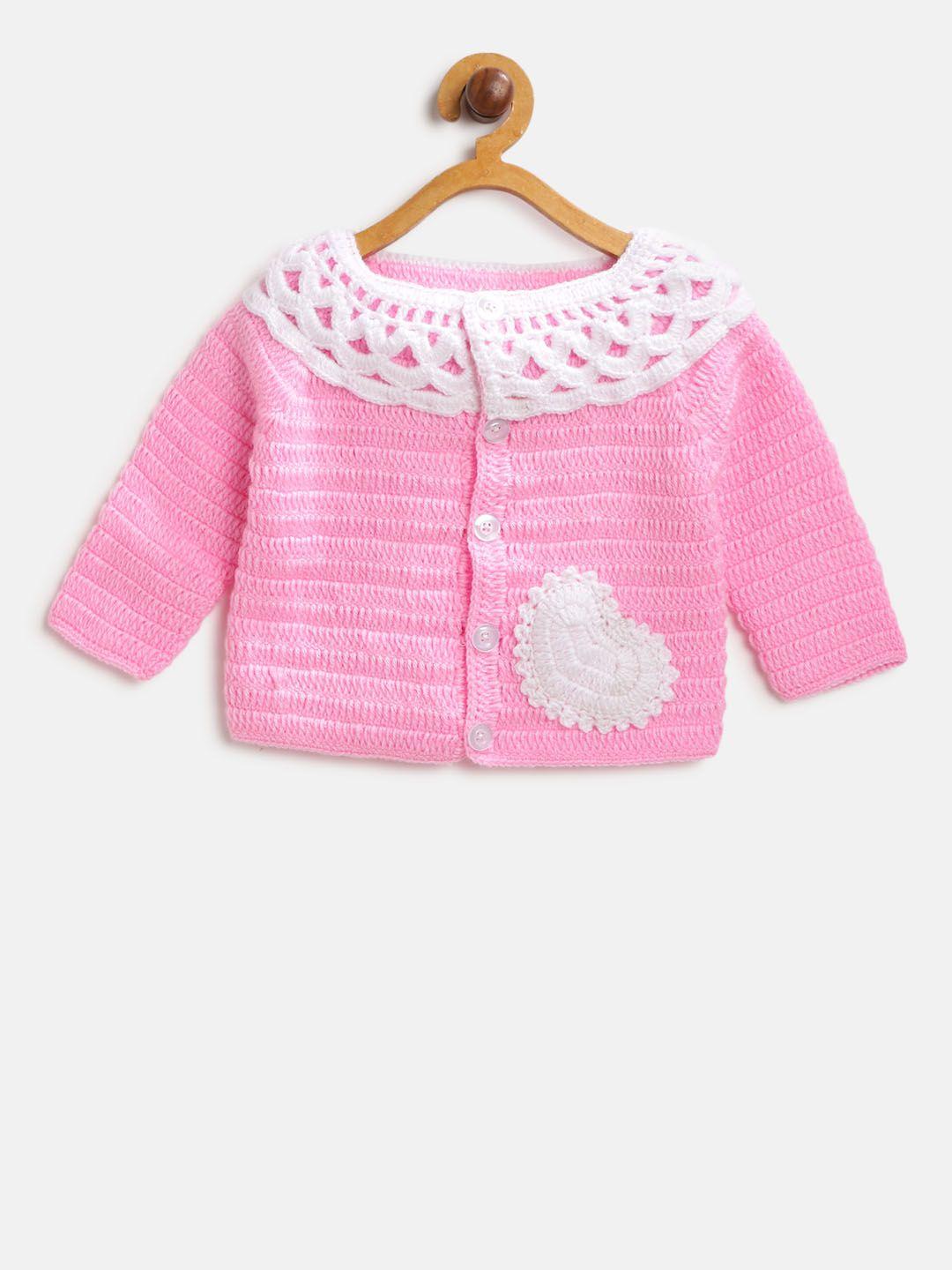 chutput kids pink & white self design cardigan with applique detail