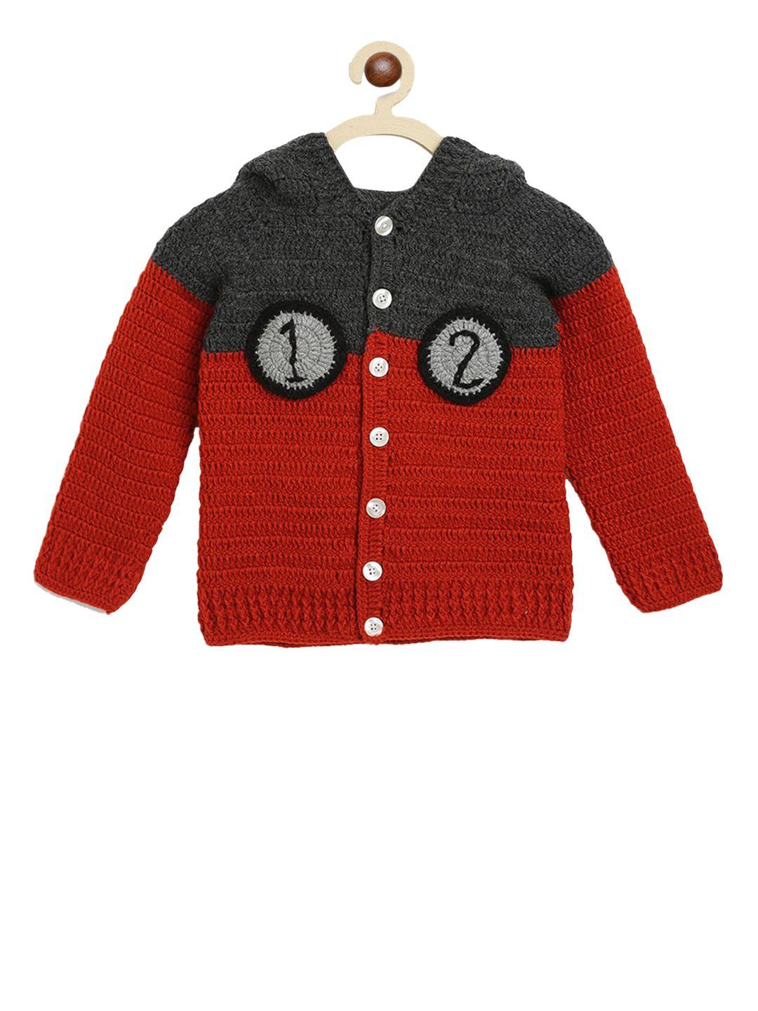 chutput kids red colourblocked front-open hand-knitted crochet hooded sweater