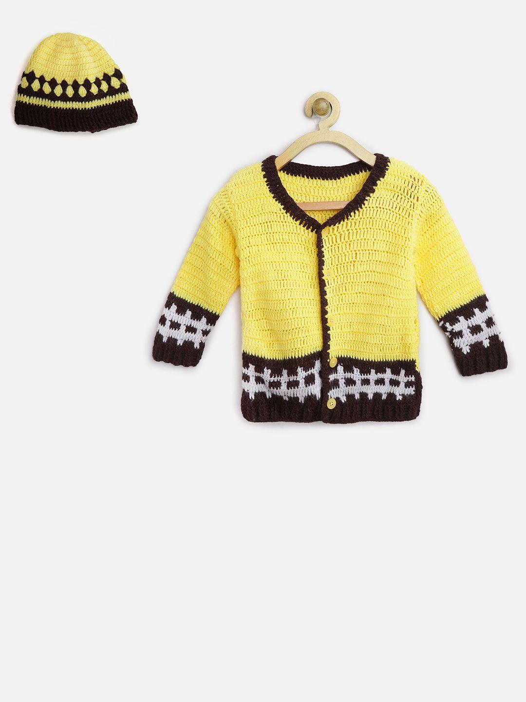 chutput kids yellow & brown woollen open knit sweater with beanie