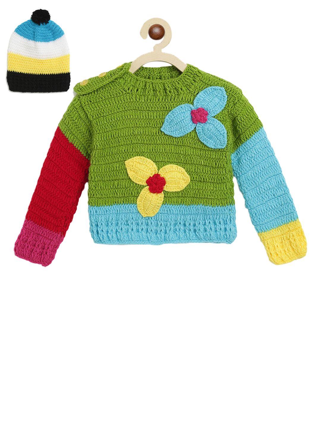 chutput unisex kids green colourblocked pullover sweater with beanie