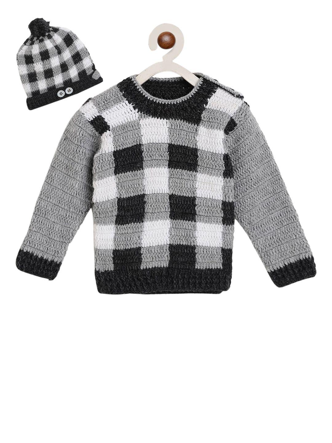chutput unisex kids grey & black checked hand knitted crochet pullover sweater with beanie