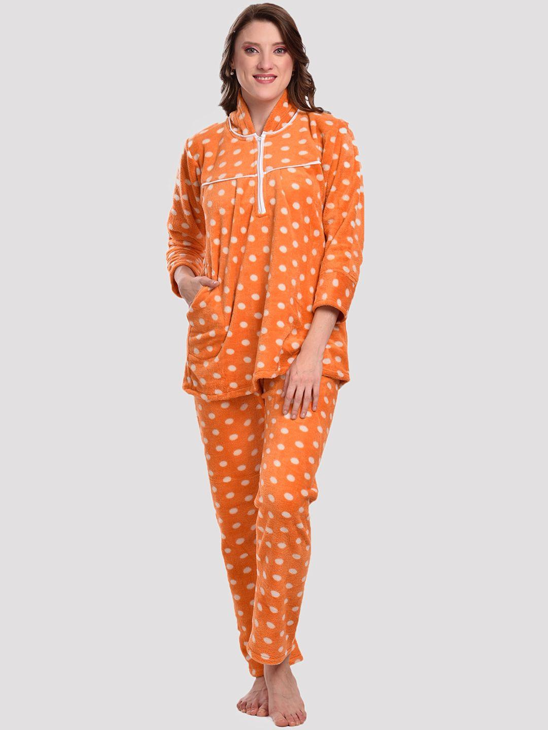 cierge-women-orange-&-white-printed-night-suit