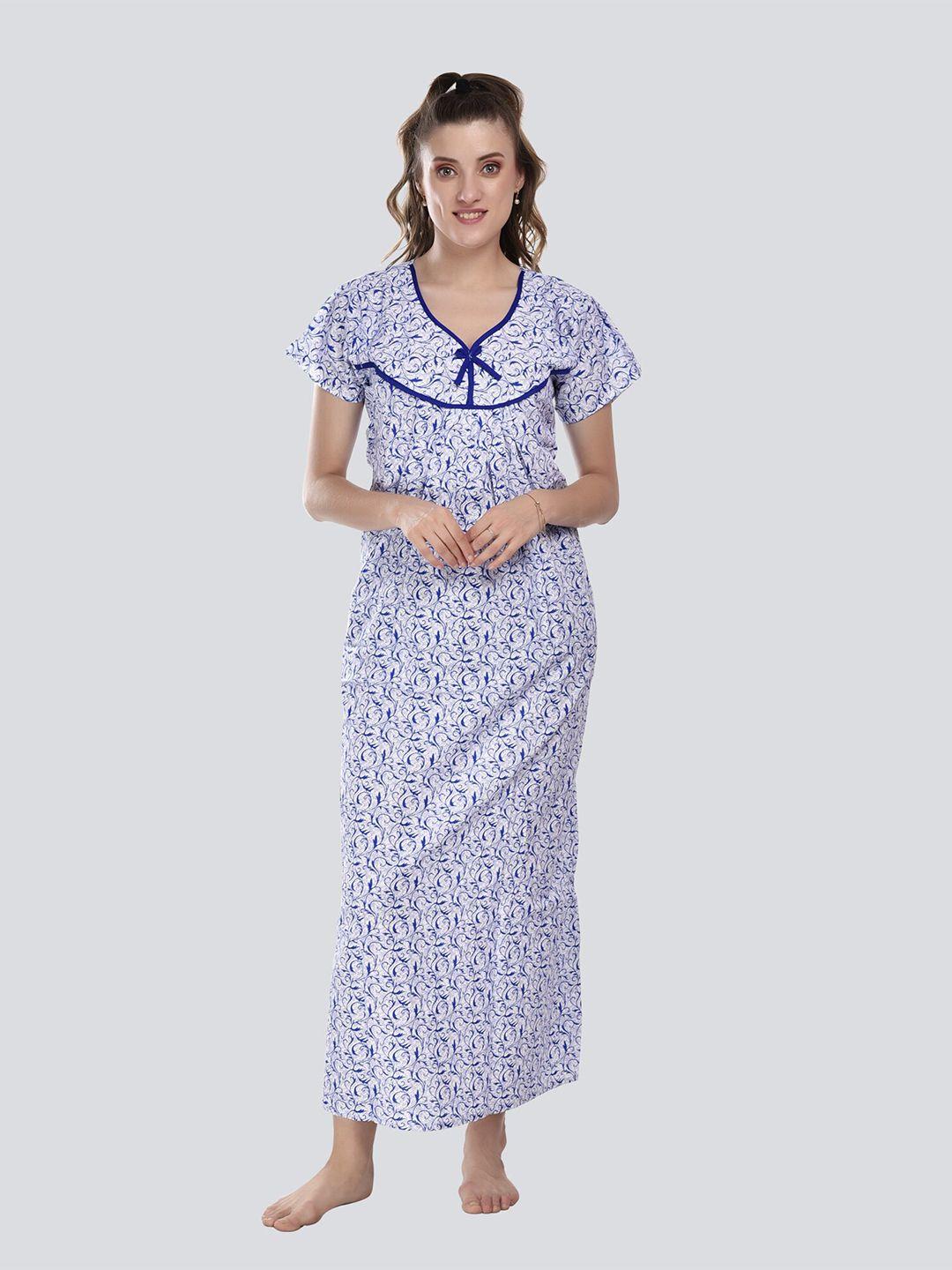 cierge women blue printed pure cotton maxi nightdress