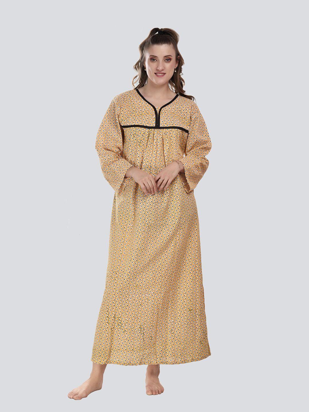 cierge women mustard printed pure cotton nightdress