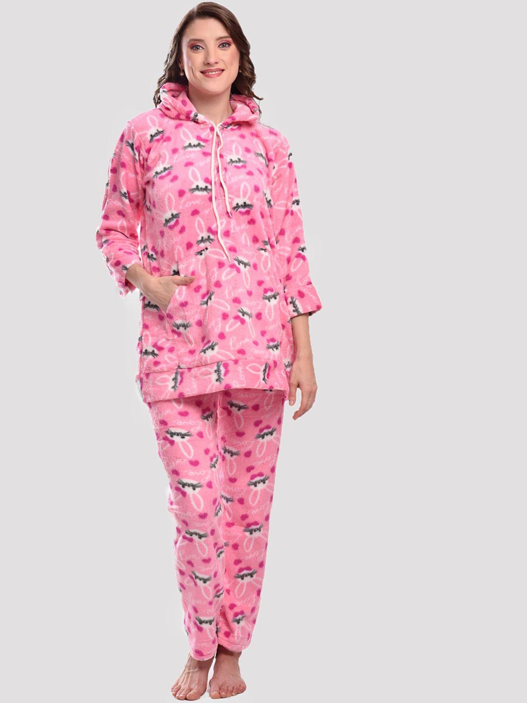 cierge women pink & white printed night suit