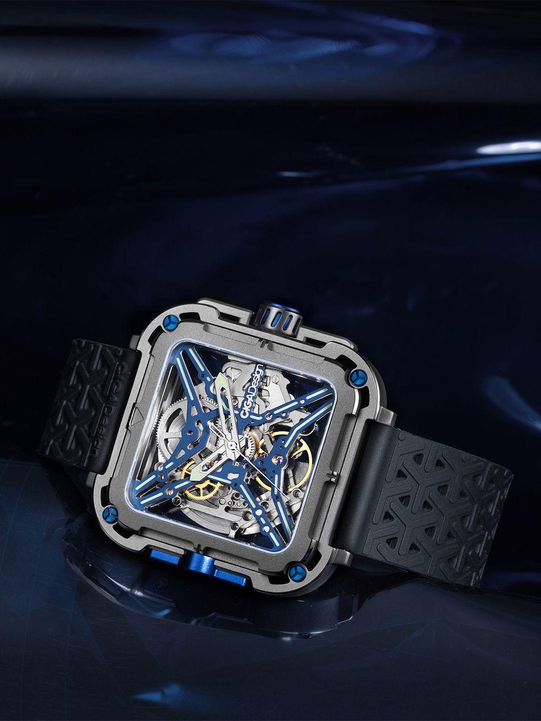 ciga design men blue titanium embellished dial & black textured straps analogue motion powered watch