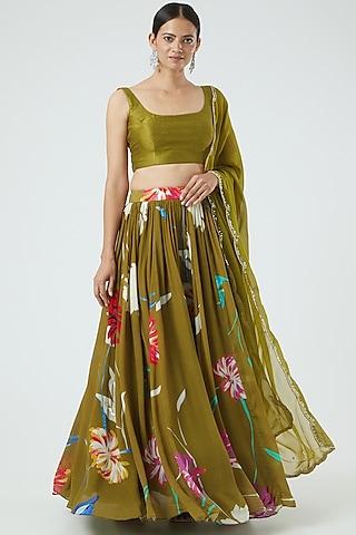 cigar green floral printed lehenga set