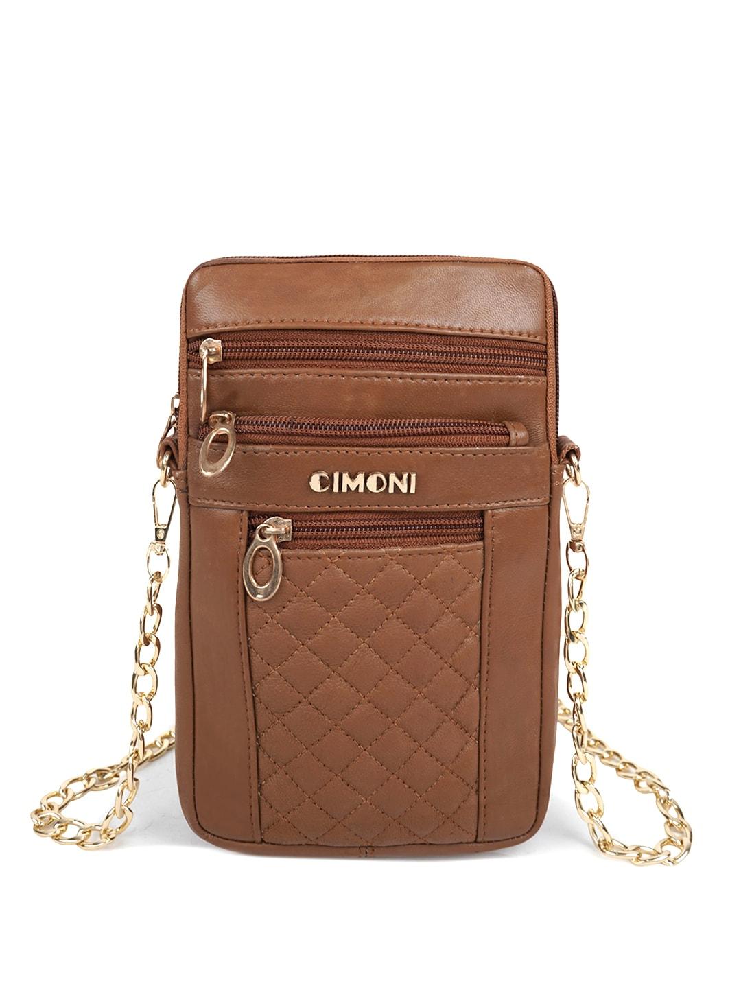 cimoni tan textured leather structured sling bag with quilted