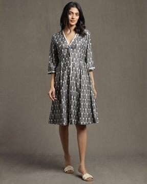 cinched waist button-down a-line dress