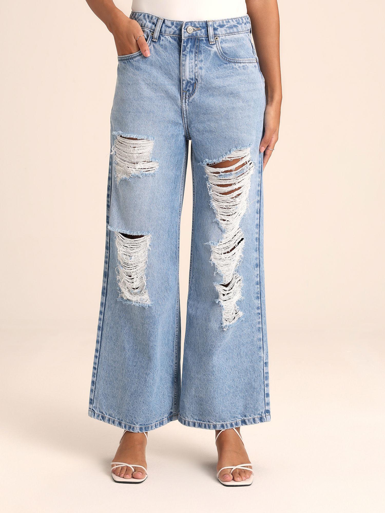 cindy light blue wide leg high waist ripped denim