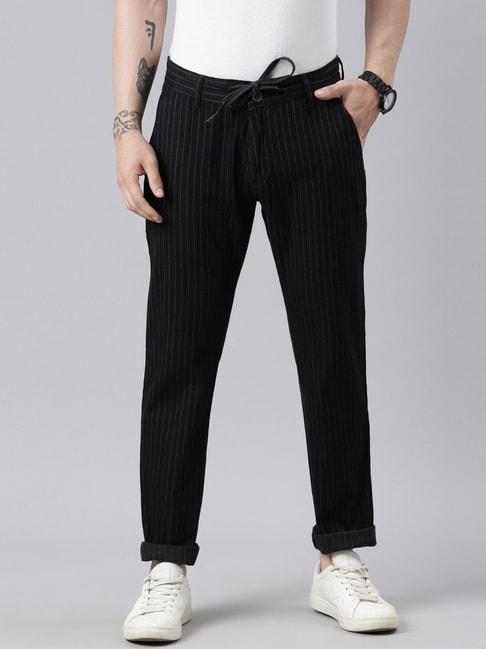 cinocci black cotton straight fit striped trousers