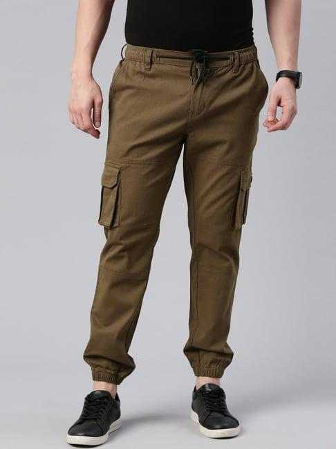 cinocci brown cotton slim fit jogger pants