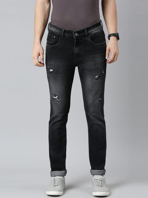 cinocci black cotton slim fit distressed jeans