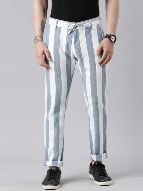 cinocci blue & white cotton straight fit striped trousers