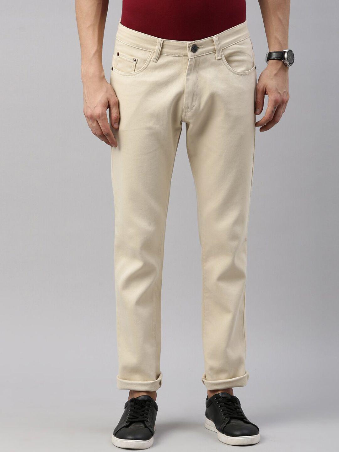 cinocci men cream-coloured slim fit cotton stretchable jeans