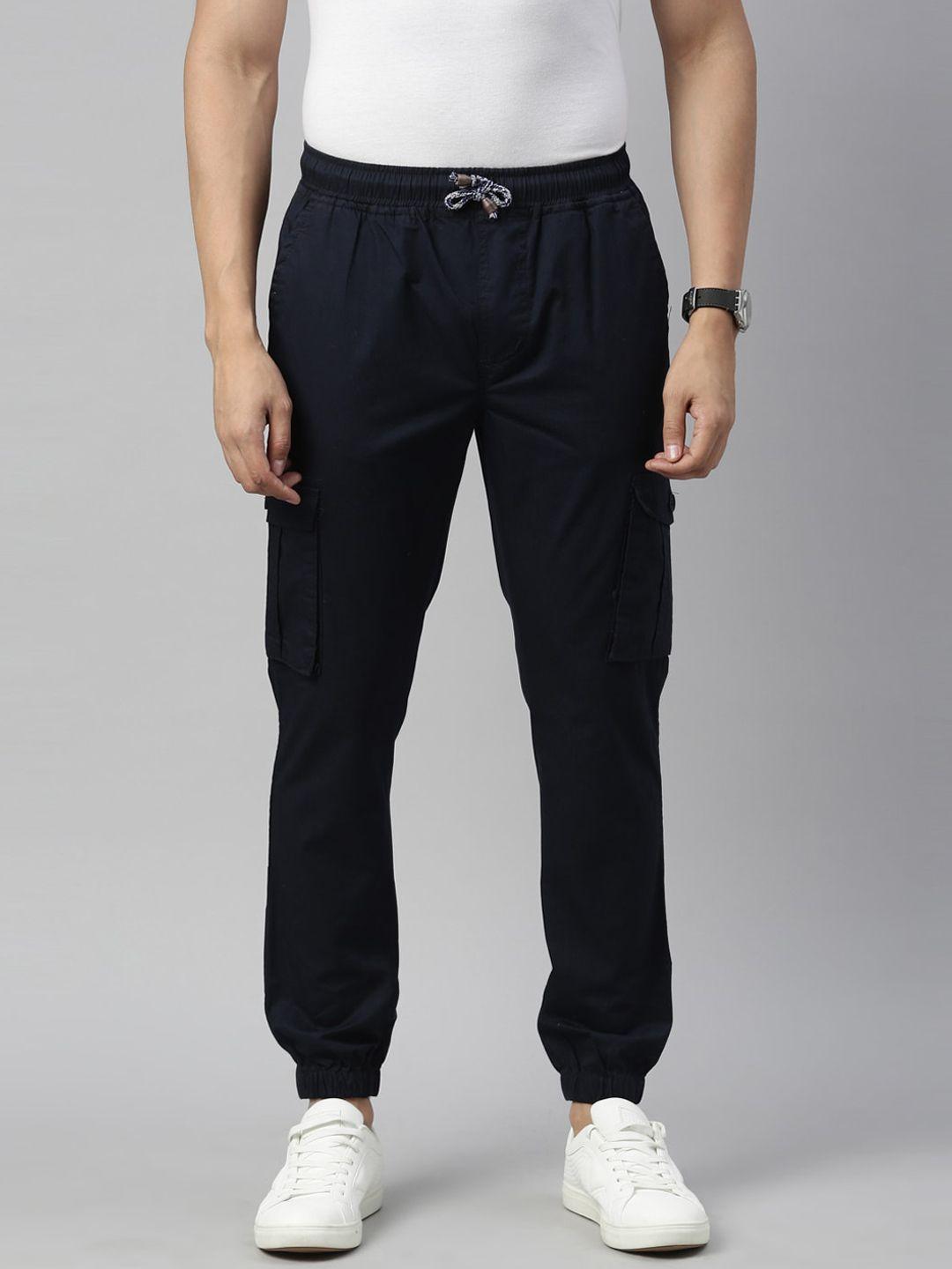 cinocci men navy blue slim fit joggers trousers