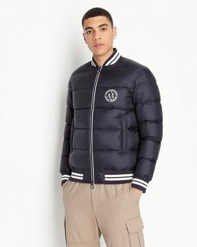 circular logo print front-open zip-up down jacket with contrast tipping