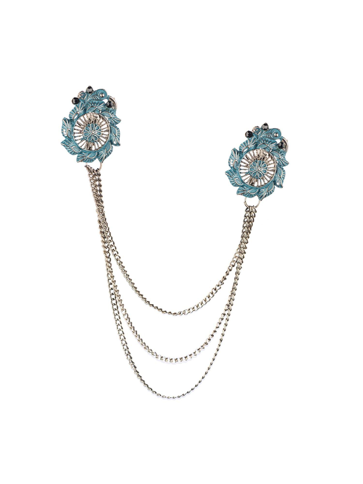 circular floral design blue chain lapel pin