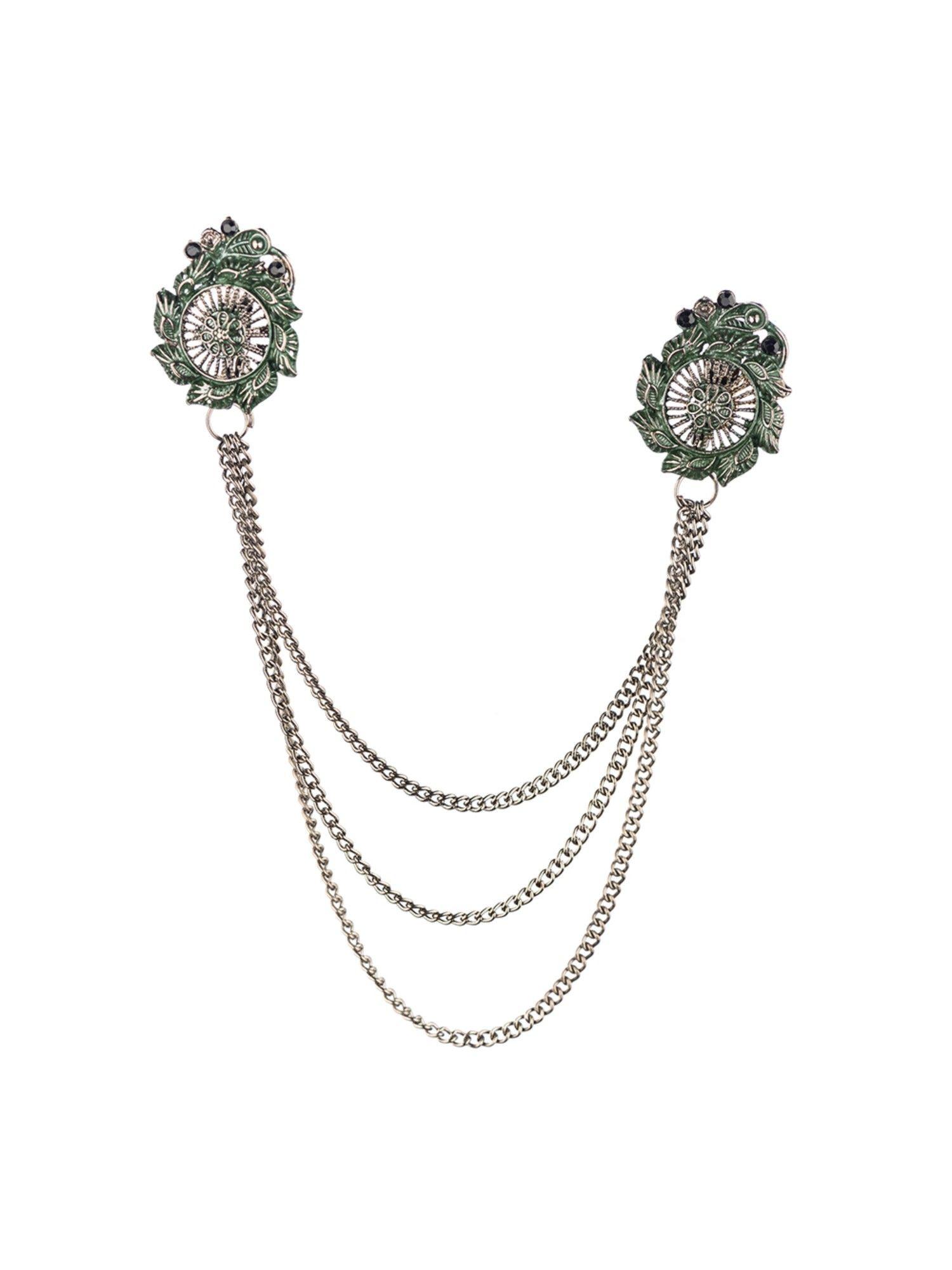 circular floral design green chain lapel pin
