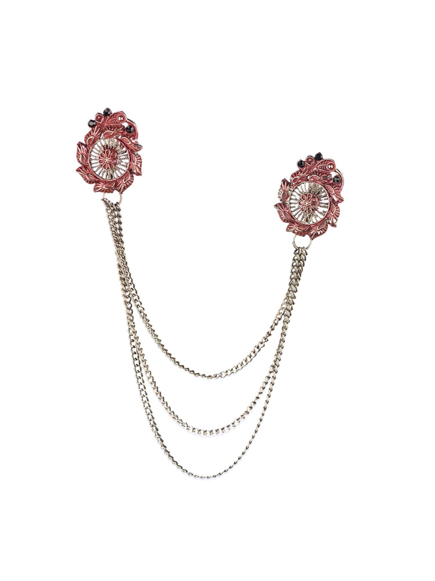 circular floral design maroon chain lapel pin