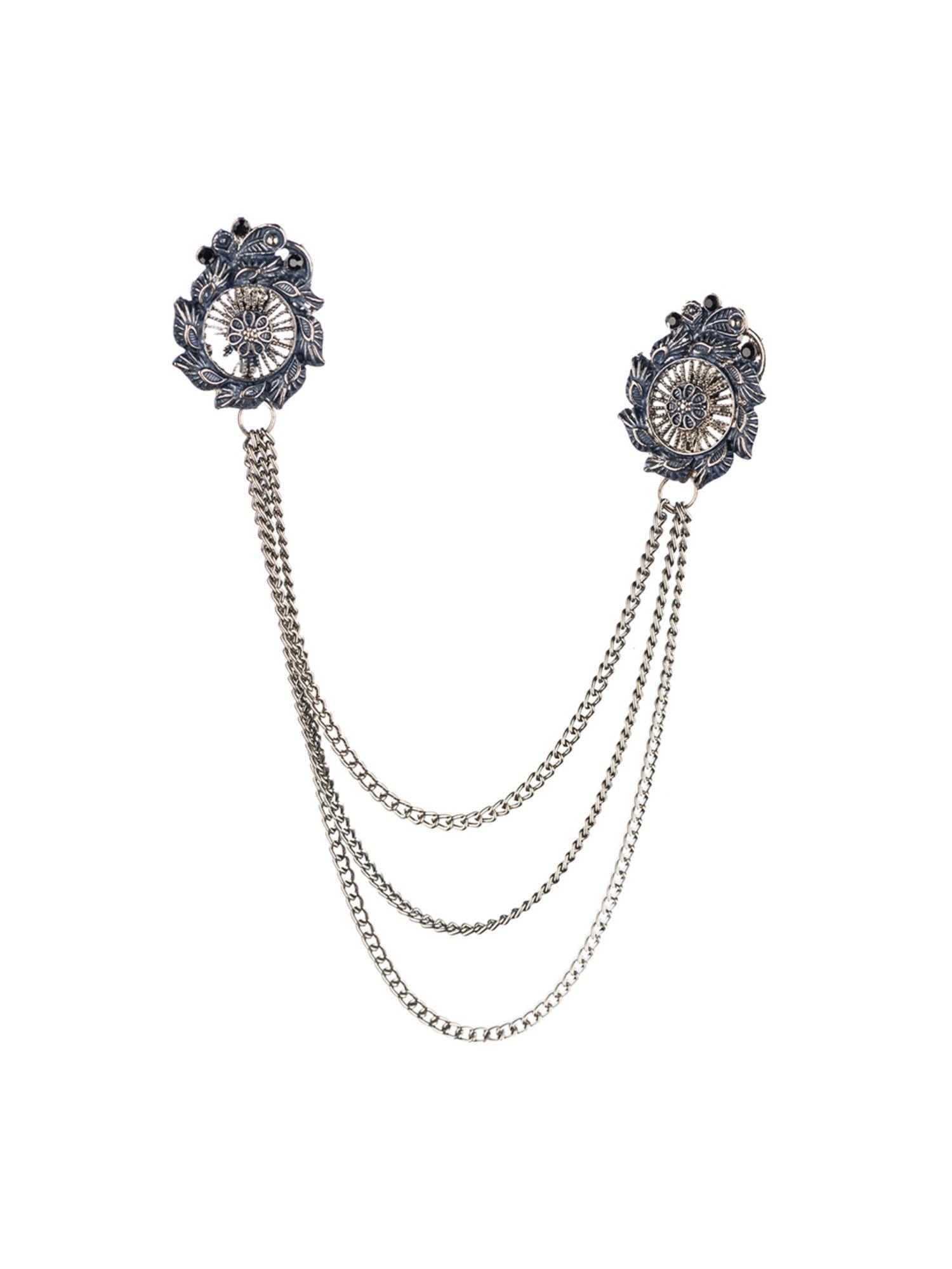 circular floral design navy blue chain lapel pin