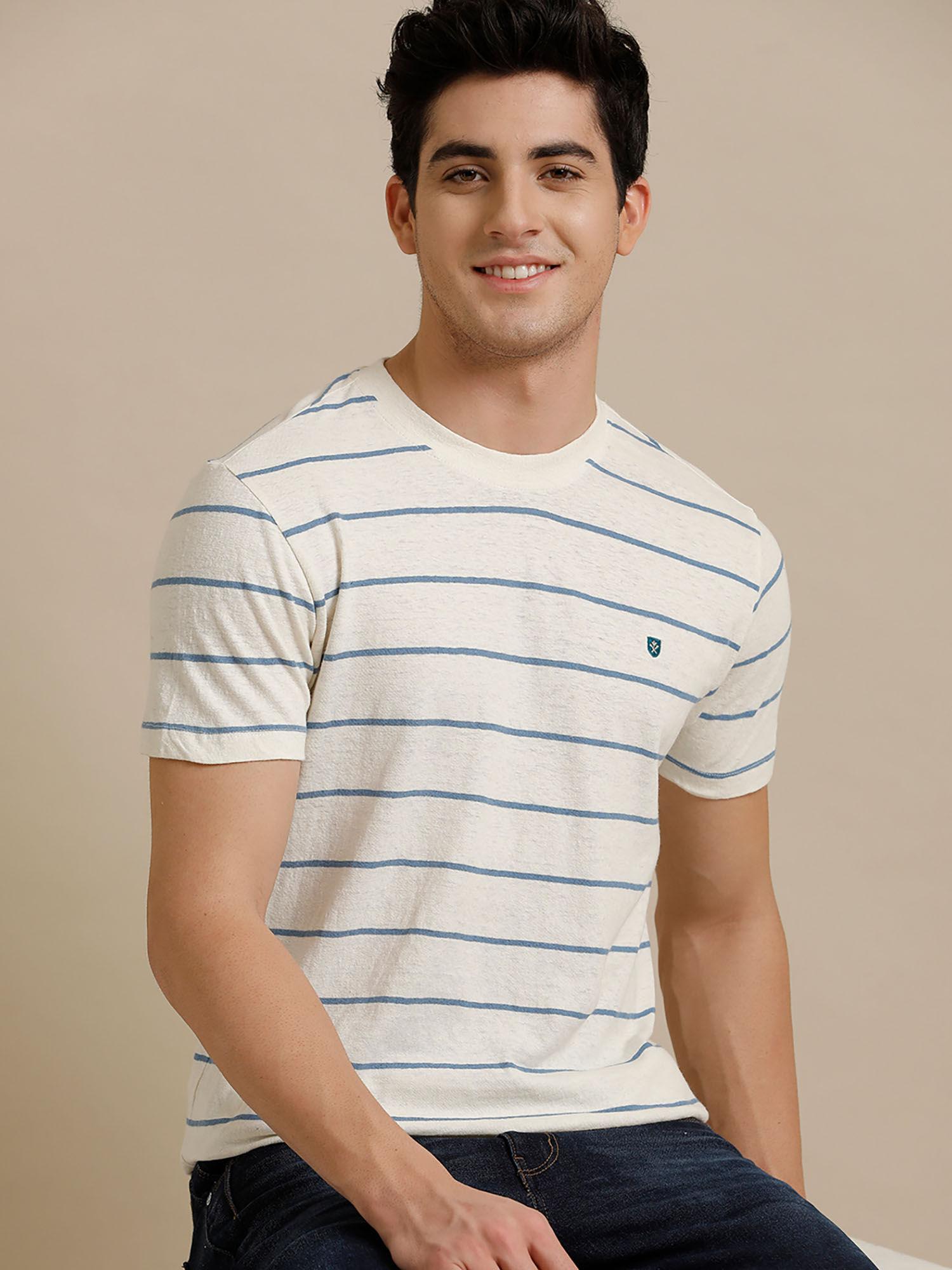 circular knit crew neck blue striped half sleeve t-shirt for men
