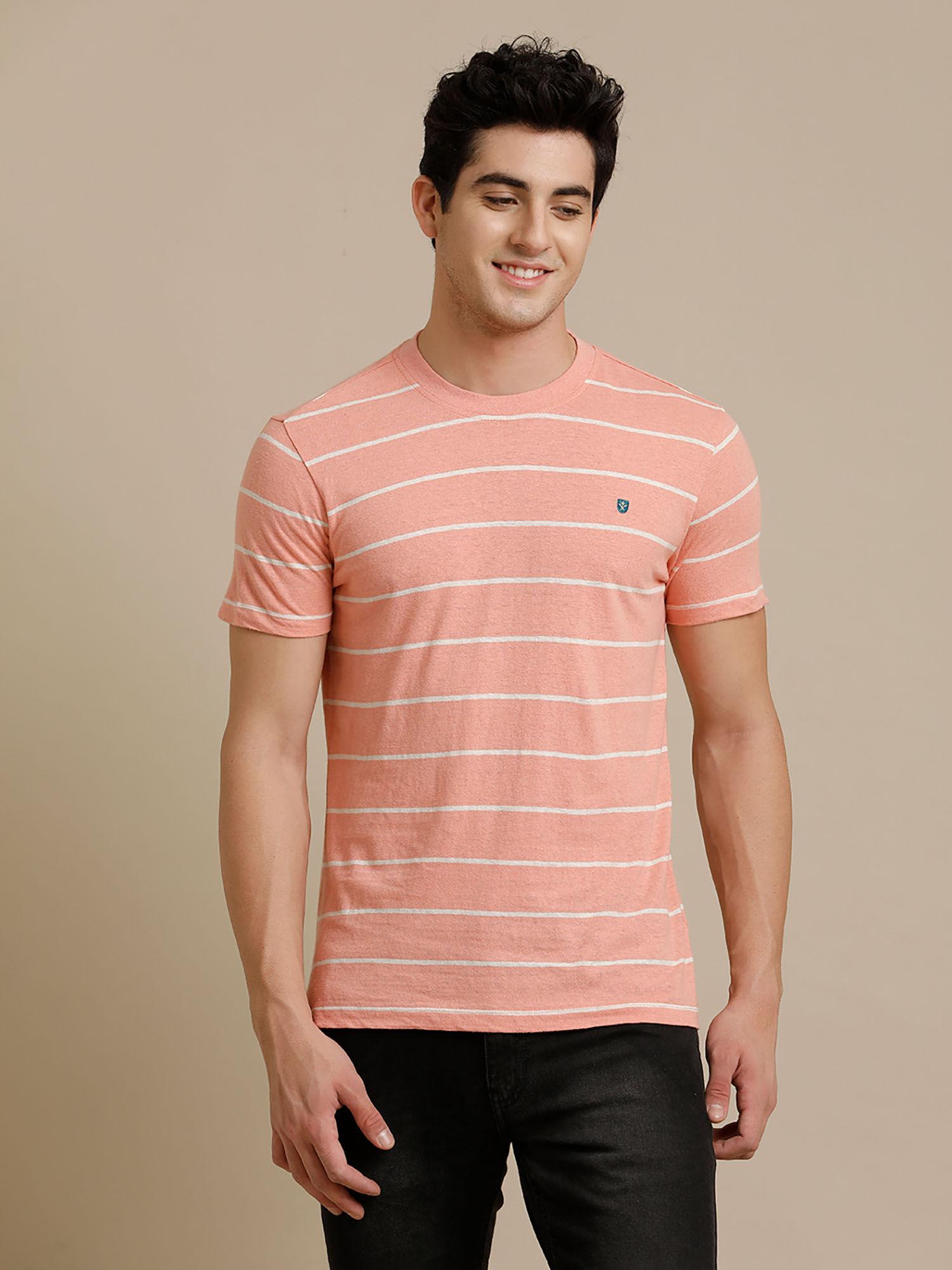 circular knit crew neck pink striped half sleeve t-shirt for men