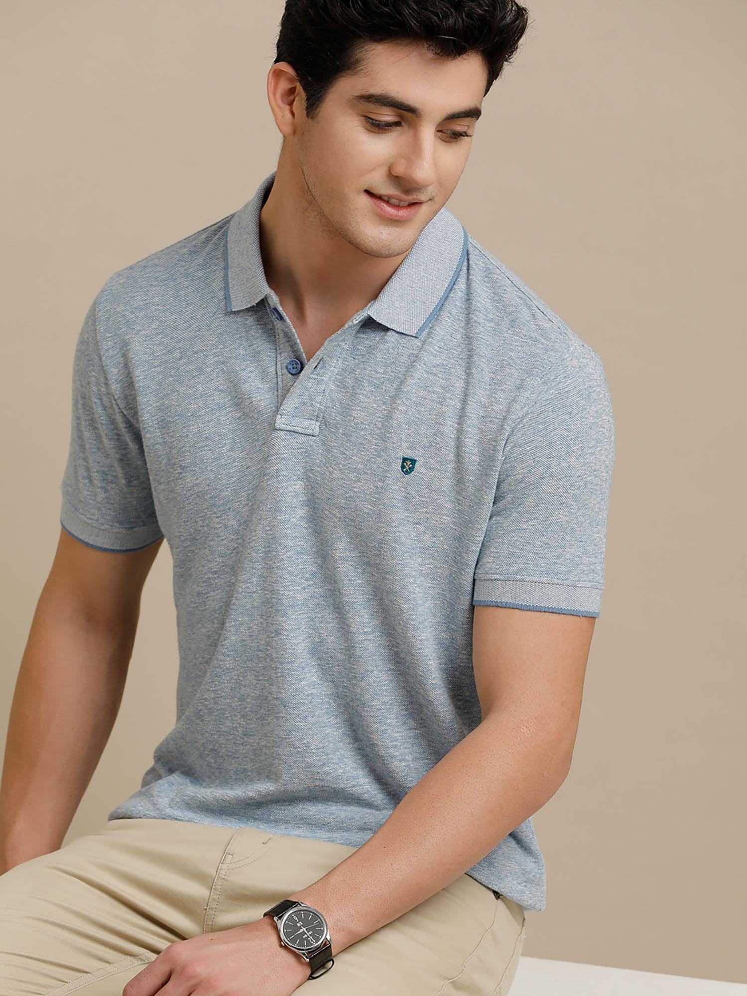 circular knit polo neck blue solid half sleeve t-shirt for men