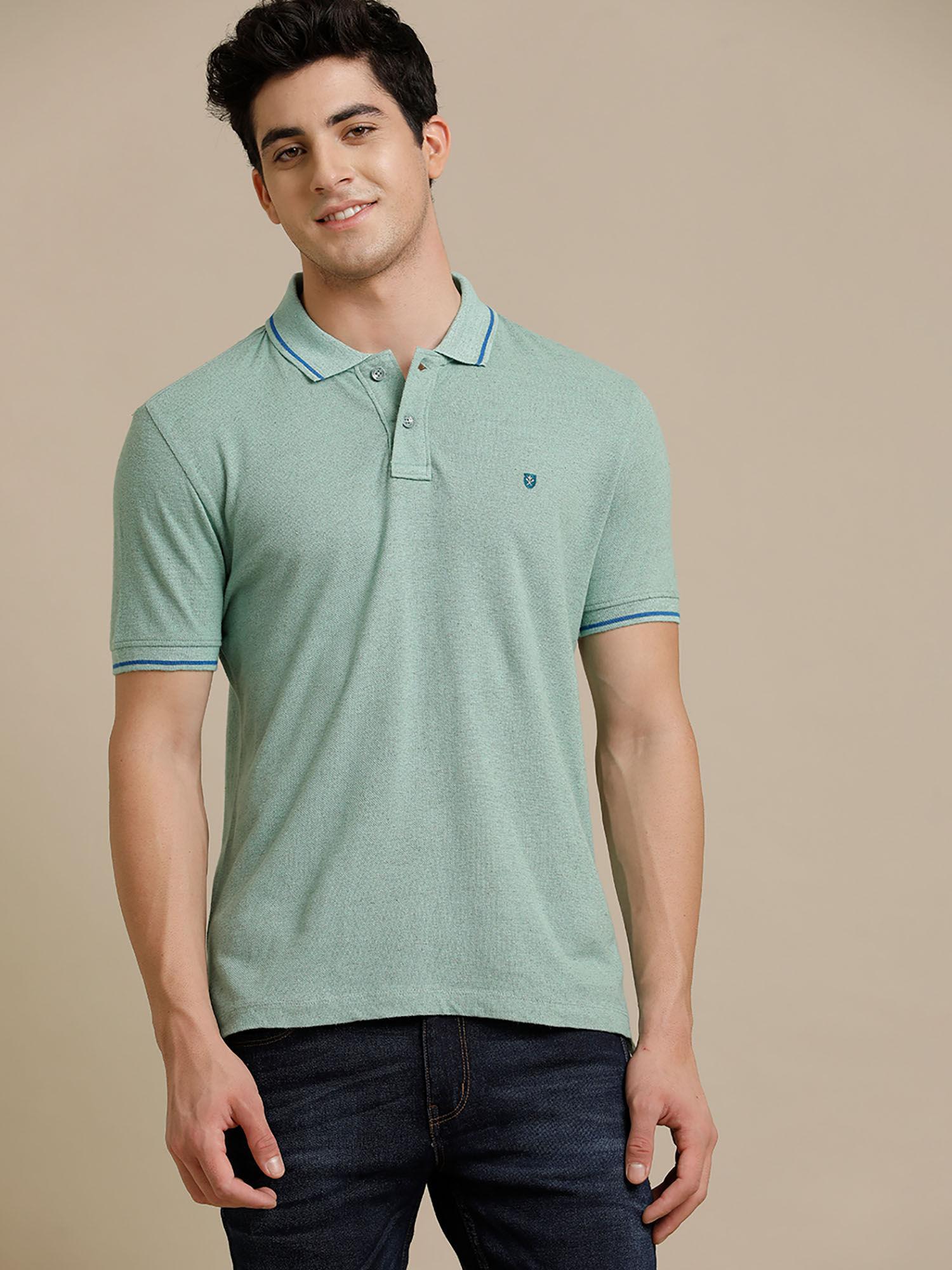 circular knit polo neck green solid half sleeve t-shirt for men