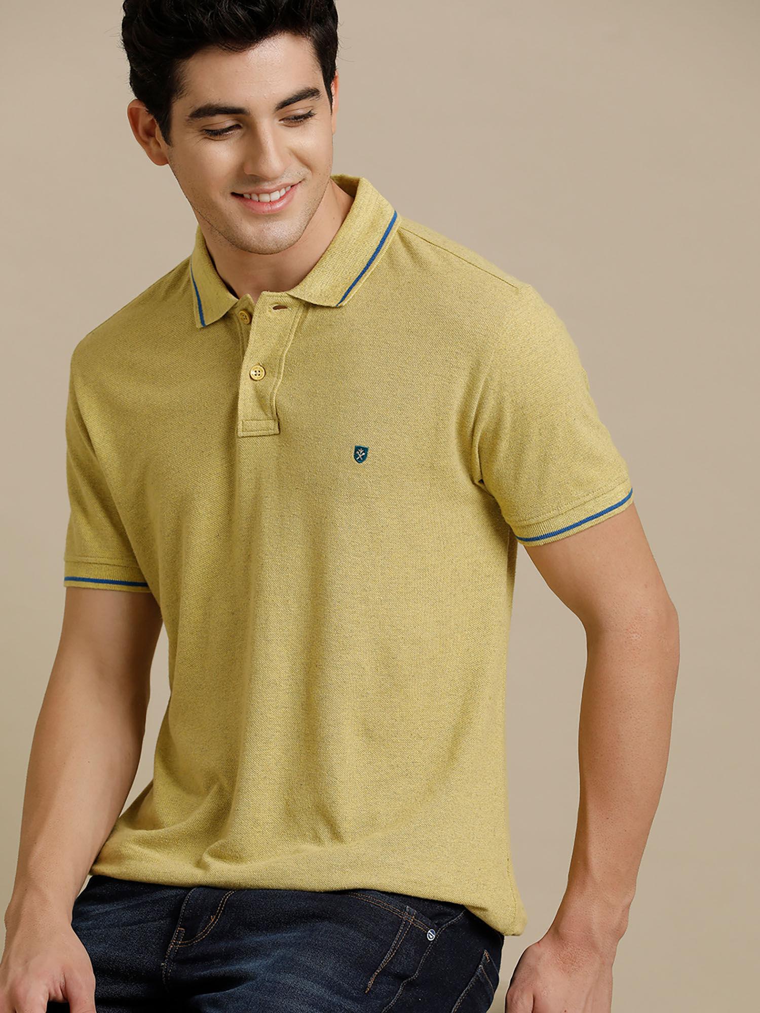 circular knit polo neck yellow solid half sleeve t-shirt for men