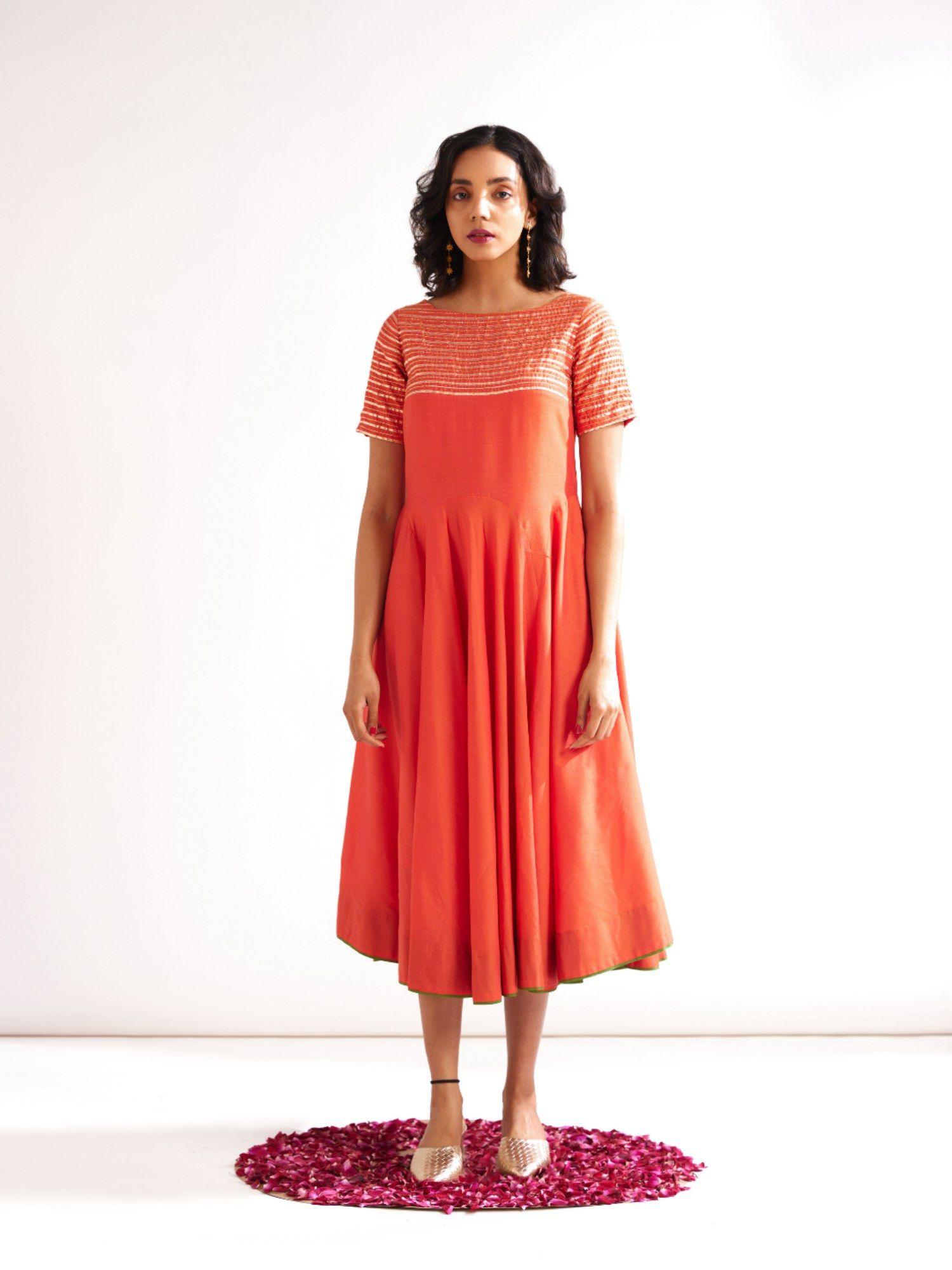 circular panelled dress highlighted with gota patti yoke - spicy orange