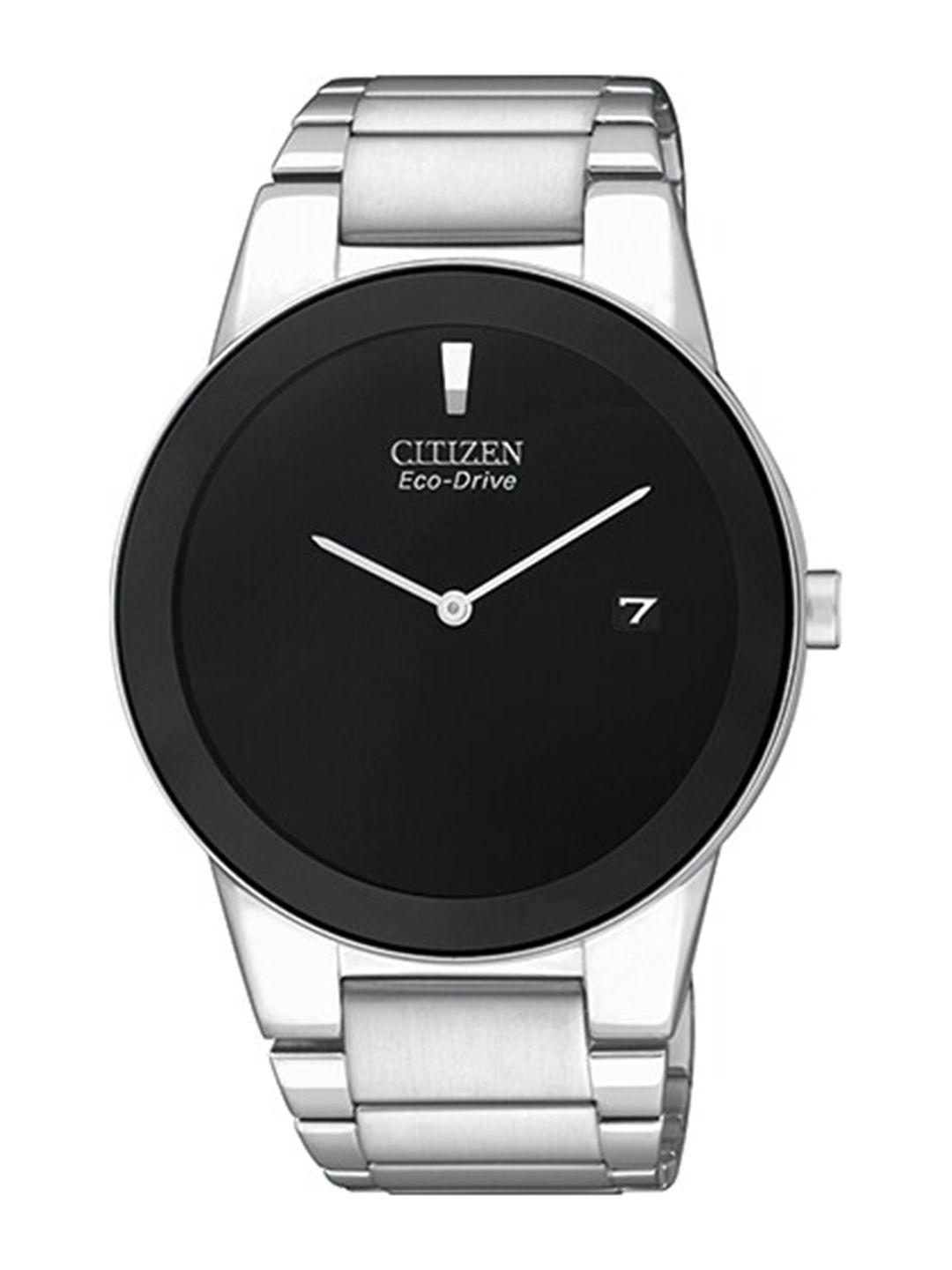 citizen men black dial & silver toned stainless steel bracelet style straps analogue automatic light powered watch