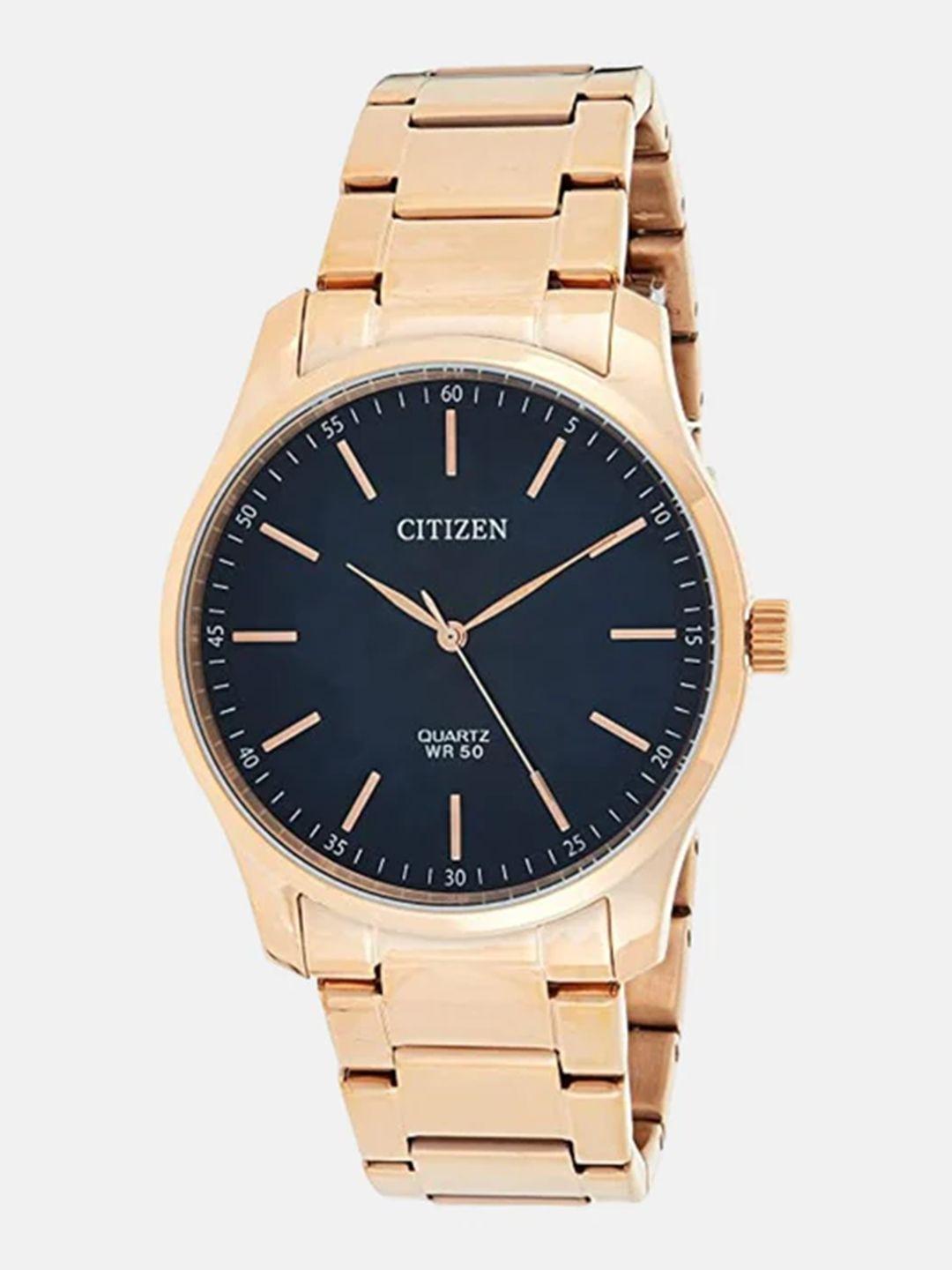 citizen men blue dial & rose gold toned stainless steel bracelet style straps analogue watch