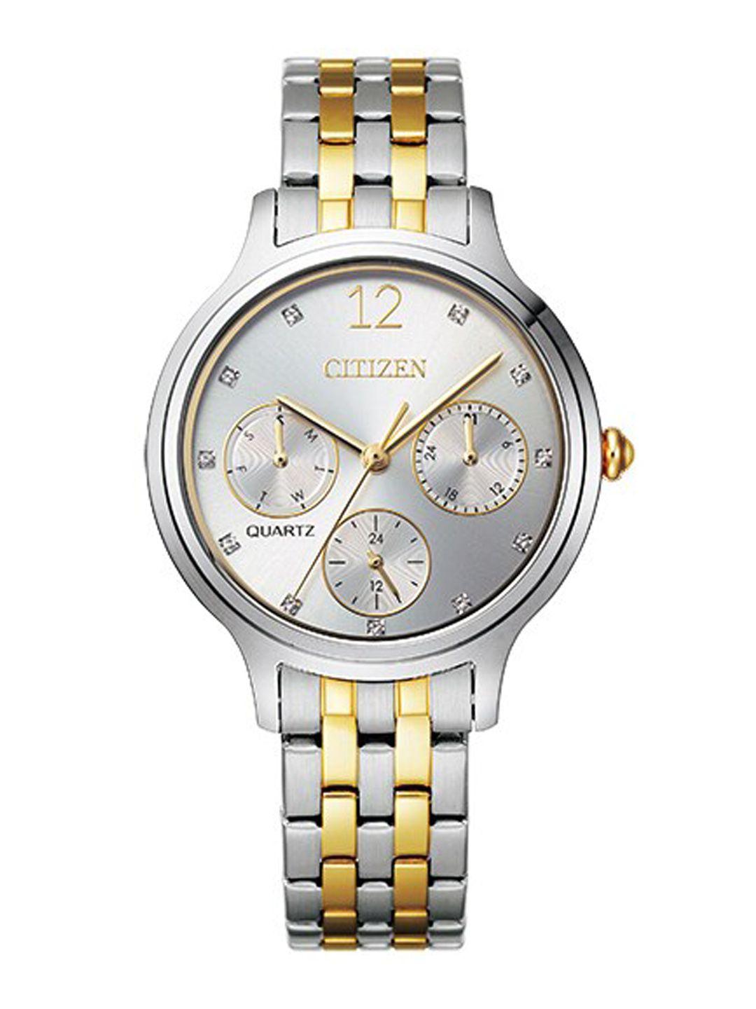 citizen women white embellished dial & silver toned stainless steel bracelet style straps analogue watch