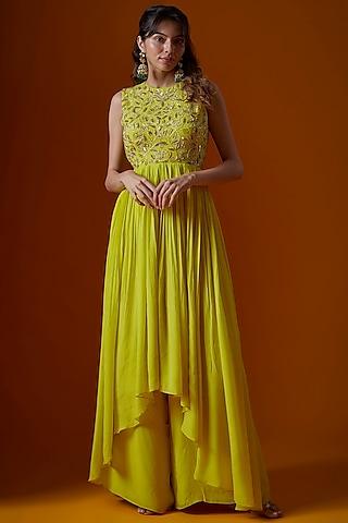 citric yellow pure crepe embroidered high-low anarkali set