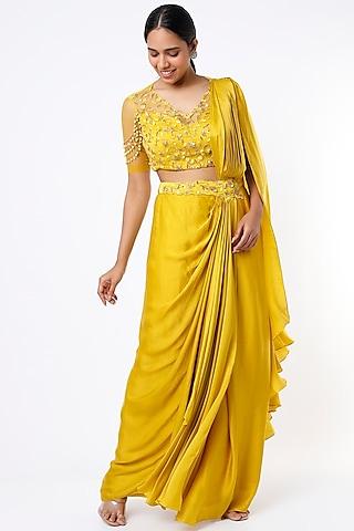 citrine yellow pre-stitched saree set with embroidered blouse