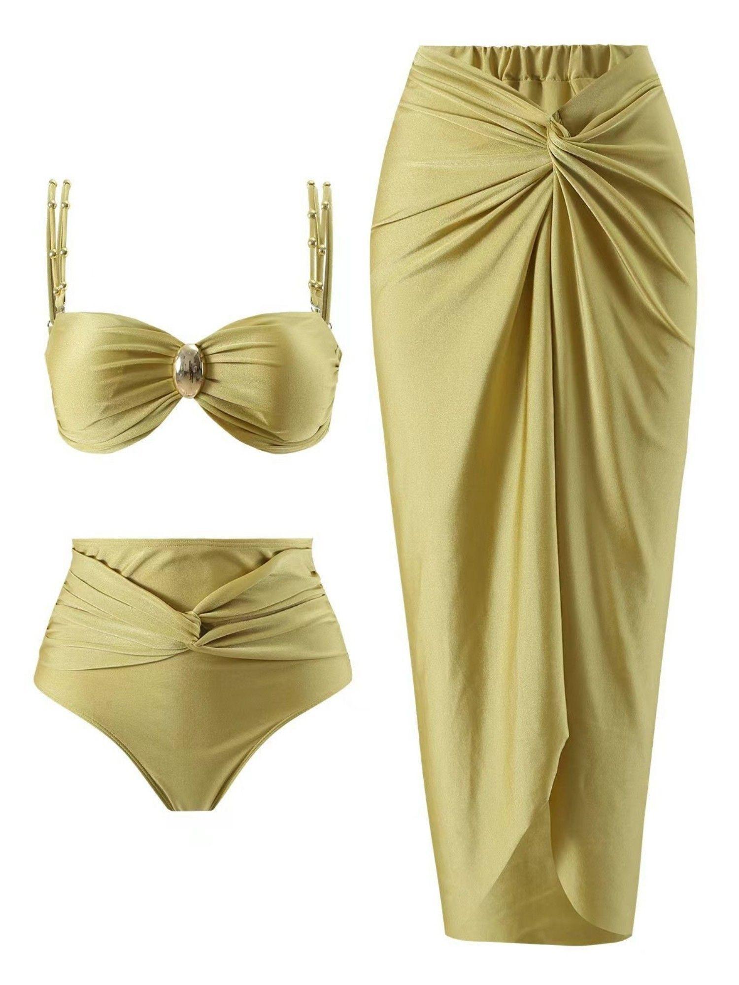 citrine yellow swimwear top with bottom and cover-up (set of 3)