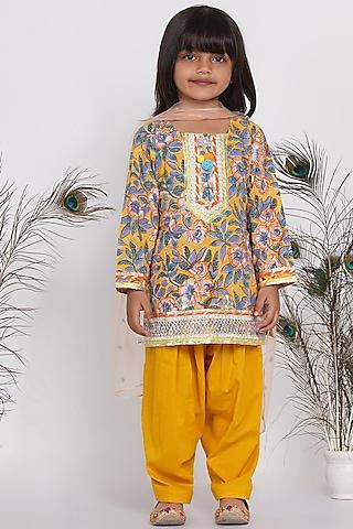 citrus yellow embroidered kurta set for girls