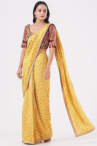 citrus yellow embroidered pleated saree set