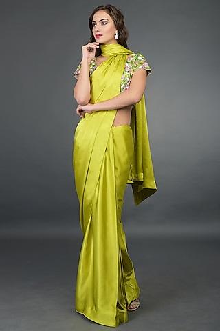 citrus green floral embroidered saree set