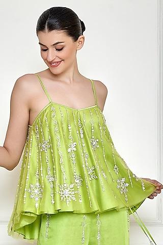 citrus green net & polyester satin embroidered camisole